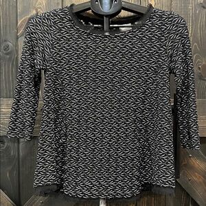 Anthropologie Postmark Top S Black‎ White Textured Waves Frayed Ribbon Trim Boho